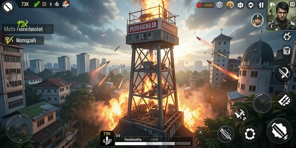 Tangkapan layar gameplay 73K yang menunjukkan pertempuran menara yang seru.