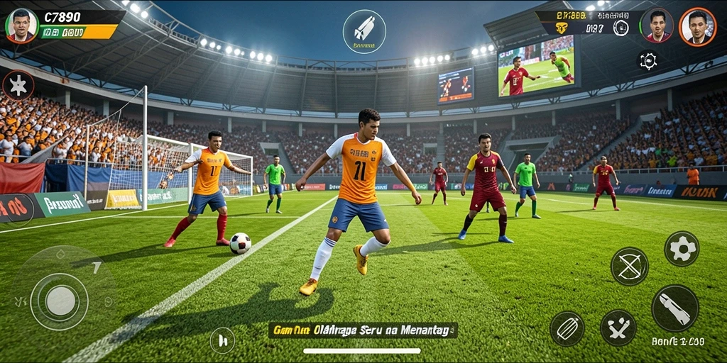 Tangkap layar gameplay C7890 menampilkan aksi seru di lapangan olahraga.