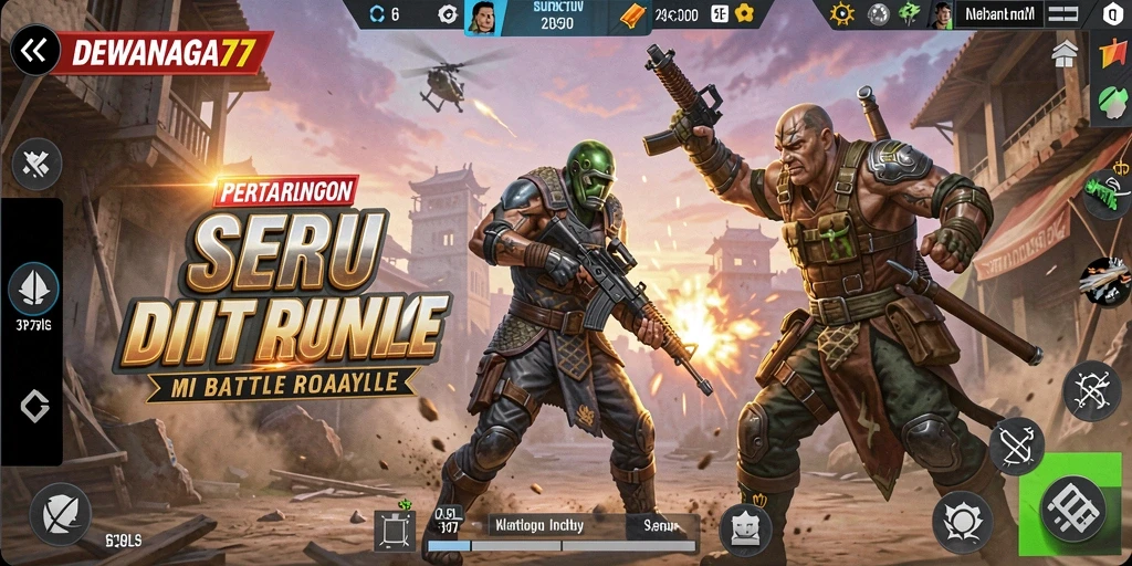Tampilan gameplay mendebarkan dalam DEWANAGA77 dengan aksi Battle Royale.