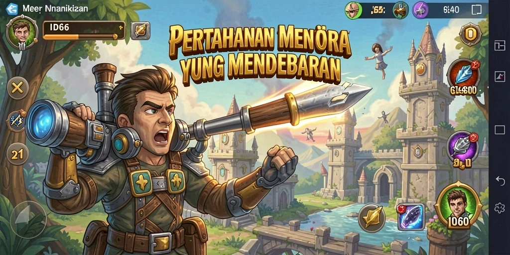 Tangkapan layar gameplay ID66 menampilkan aksi menara pertahanan yang intens.
