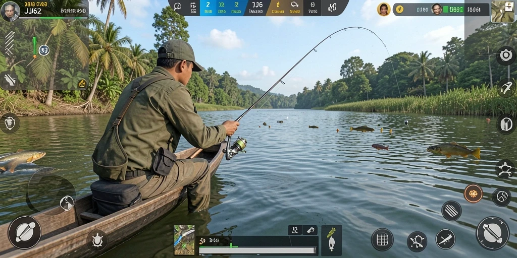 Screenshot gameplay JJ62 menampilkan aksi memancing yang mendebarkan.