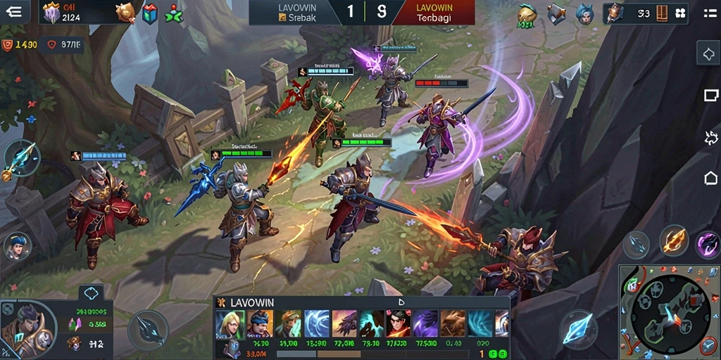 Tangkapan layar menunjukkan aksi seru dalam permainan LAVOWIN MOBA.