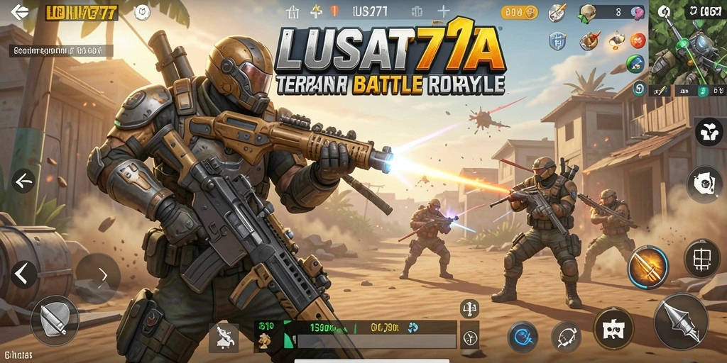Screenshot utama LUSA777 menampilkan aksi intens dalam permainan Battle Royale.