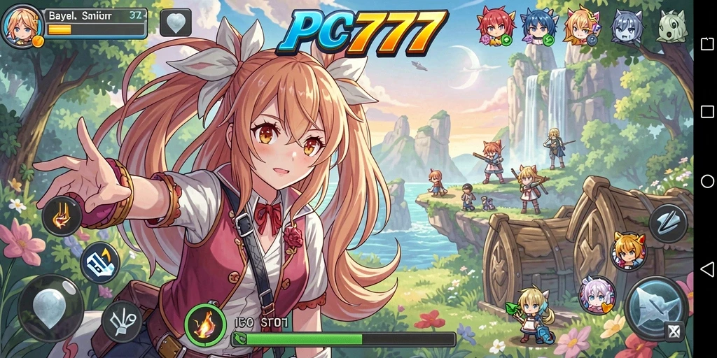 Screenshot gameplay PC777 menampilkan karakter Anime dalam pertempuran seru.