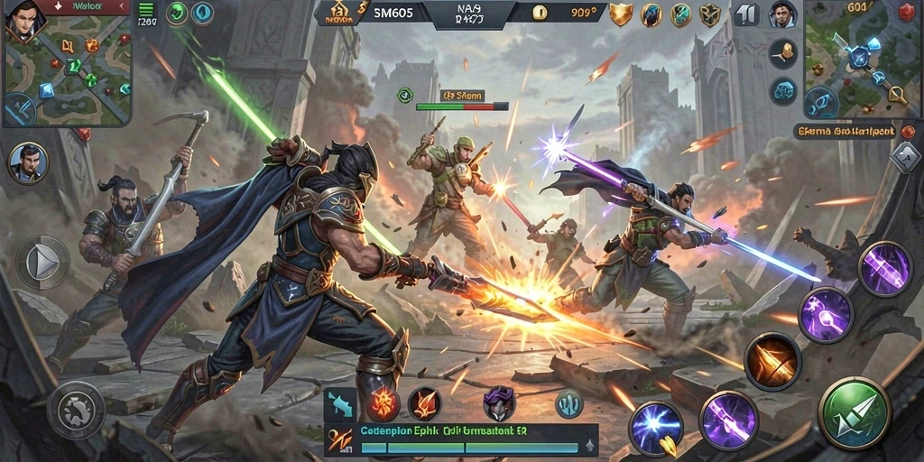 Tangkapan layar gameplay SM605 yang menampilkan pertempuran intens di arena.