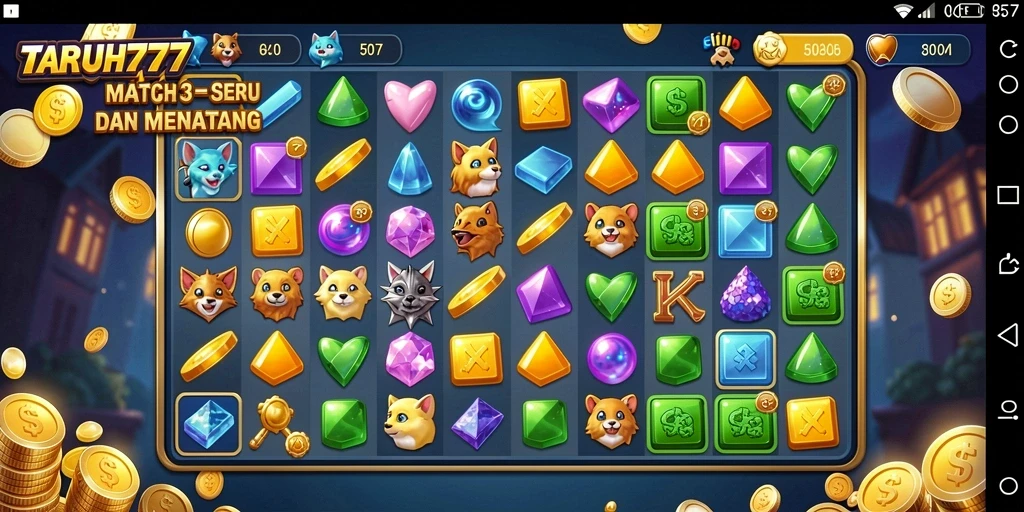 Screenshot TARUH777 menampilkan gameplay Match-3 yang seru.